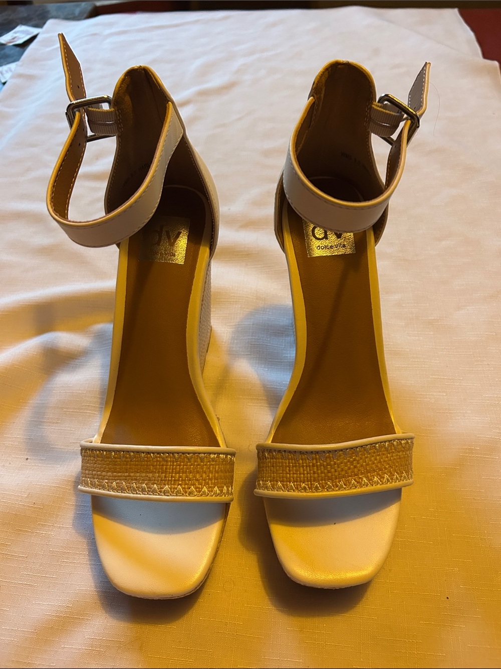Dolce Vita Cream Leather Ankle-Strap Woven-Front Heels